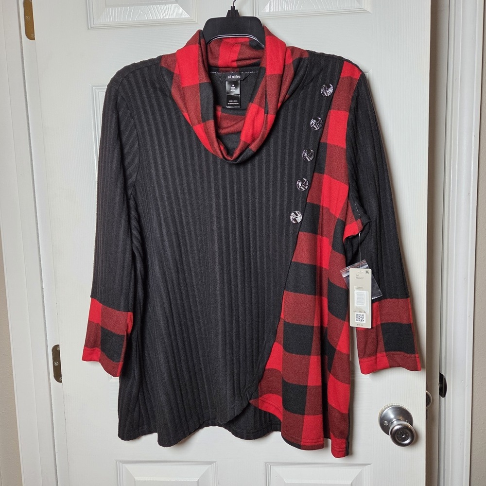 Ali Miles sz 1X red plaid tunic top NWT fall winter holiday artsy chic casual